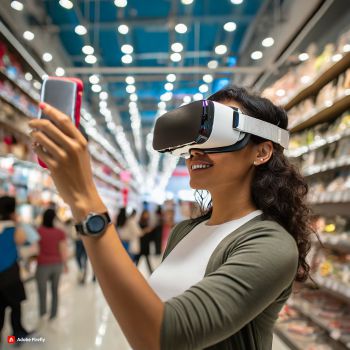 Woman using augmented reality in crowded department store